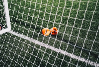 A close-up view of a football pitch, with a focus on two bright orange markers near the goal net. The green artificial turf is marked with a white line, and the net adds a texture to the scene.